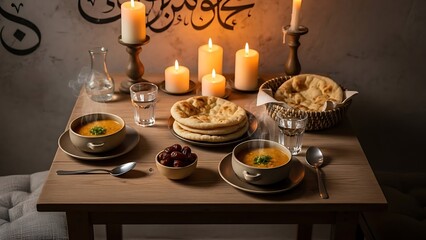 A beautifully arranged table setting with food, candles, and calligraphy.
