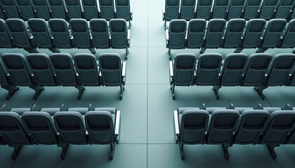 Fototapeta premium Empty seats in modern hall, clean architectural design. Dark fabric empty seats, polished armrests on light floor, orderly pattern. Empty seats suggest readiness, anticipation, ideal for event,