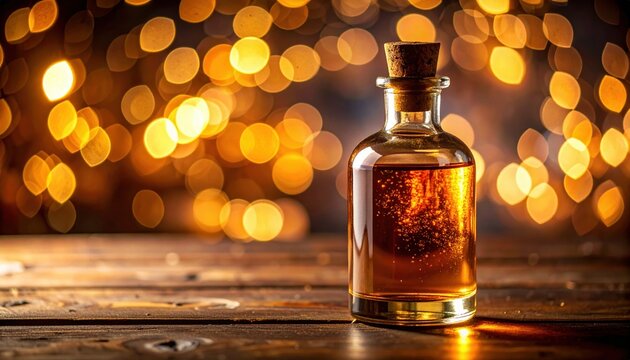 Glass bottle with sparkling amber liquid on rustic table warm bokeh lights suggesting magic potion craft whiskey tasting or luxury cosmetic elixir
