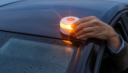 Hand reaches out of a car window to place a bright orange emergency beacon on the wet roof of the vehicle at dusk