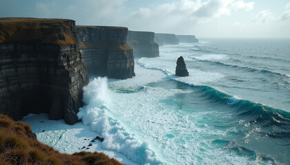 Expansive coastal cliffs with powerful waves crashing against rock. Towering coastal cliffs display natural geology, foamy water, distant sea stack. Inspiring coastal cliffs for travel, nature,