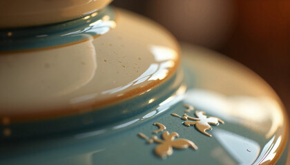 Close-up detail of glossy ceramic surface with decorative gold accents. Cream and teal tones highlight polished finish of glossy ceramic object, featuring elegant fleur de lis motif.