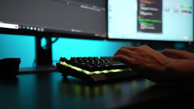 Programmer Hands Typing on RGB Mechanical Keyboard with Code Background - 4K Tech