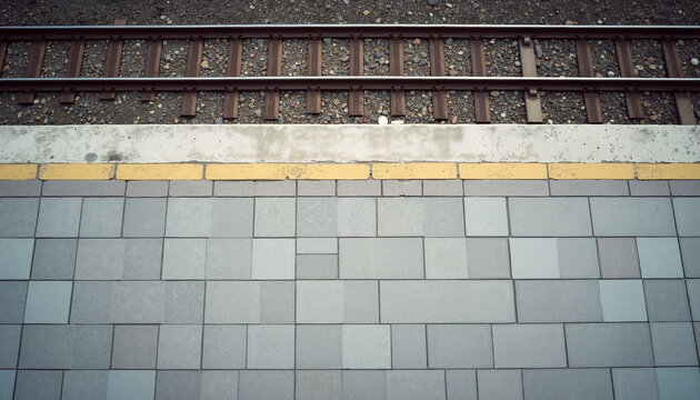 Overhead view parallel train tracks on gravel, beside gray concrete platform. Steel train tracks feature rusted ties, yellow safety line marks edge. Use for urban travel, industrial design,