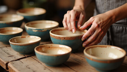 Hands arranging unique pottery bowls on rustic wooden table, showcasing artisanal craftsmanship. Pottery bowls feature distressed teal glaze, earthy tones, and handcrafted texture.