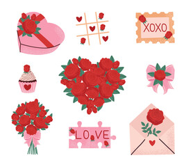 Romantic Valentines day clipart set with red rose bouquets, heart shaped arrangements, sweet treats and love letters, cute floral elements for cards, stickers and wedding design