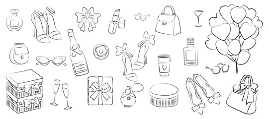 Set of hand drawn feminine fashion and celebration doodles including perfume, high heels, handbags, balloons, gifts and champagne, perfect for planners
