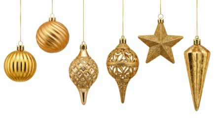 close-up macro studio photo of six luxurious, diverse golden christmas ornaments (sphere, star, teardrop, icicle) suspended against a transparent background with strong highlights. concept for