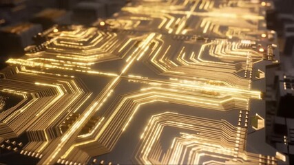 Futuristic golden circuit board with glowing digital data lines flowing through a microprocessor - Powered by Adobe