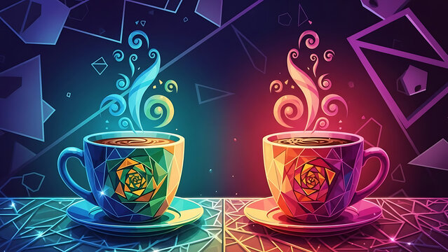 A colorful illustration of two cups of coffee with vibrant steam rising against a geometric background - Powered by Adobe