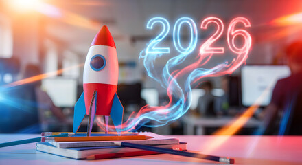 2026 new year rocket launch concept, creative startup business vision, futuristic education background, neon light number, school supplies on desk, innovation strategy, success symbol for web banner.