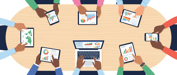 Diverse business team hands collaborating around a wooden table, using laptops and tablets to analyze financial data charts, graphs, and a world map in a modern flat design illustration