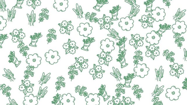 Scattered pattern of simple green flower and leaf drawings. Suitable for naturethemed designs, stationery, textiles, and organic product packaging.