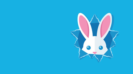 Fototapeta premium Cute white cartoon bunny with pink ears peeking through a ripped hole in blue paper, a playful and curious vector illustration with ample copy space for text