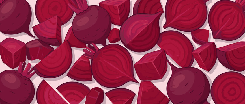 Fresh red beetroots whole sliced and diced in a vibrant illustrated pattern, a healthy root vegetable background for cooking and vegetarian diet concepts