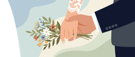 Bride and groom holding hands tenderly during their wedding ceremony, showing her lace sleeve, gold ring, and a simple wildflower bouquet in a flat illustration style