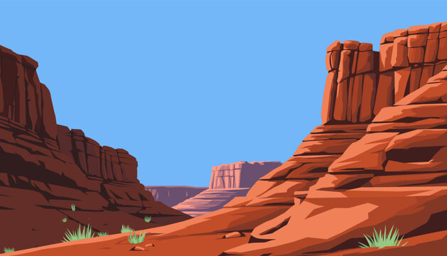 Red rock canyon landscape with towering buttes and mesas under a clear blue sky, a minimalist vector illustration of a vast and arid western desert scene with copy space