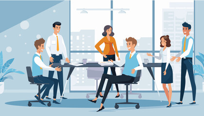 Naklejka premium Diverse team of professional business people brainstorming ideas during a collaborative meeting in a modern office with a large window showing a cityscape