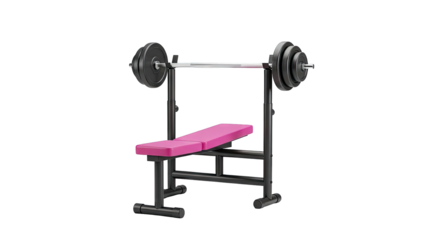 Pink Weight Bench with Barbell and Weight Plates