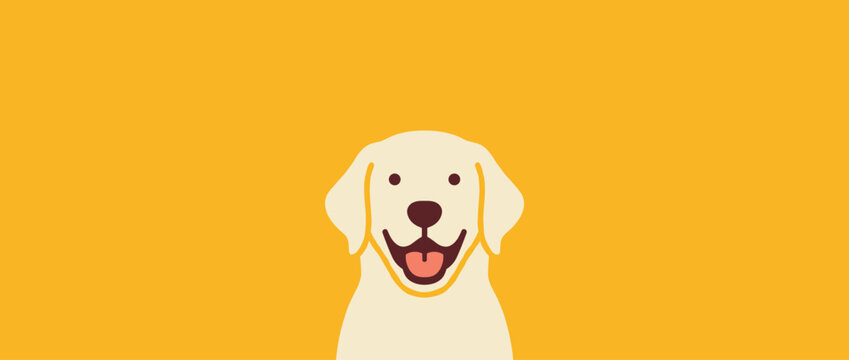 Happy smiling golden retriever dog illustration with an open mouth and tongue out, depicted in a minimalist flat vector style on a bright yellow background with copy space
