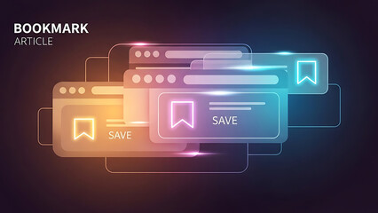 A futuristic illustration of colorful bookmarks and browser tabs on a dark background