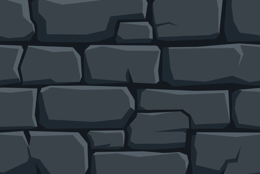 Seamless dark grey cartoon stone wall texture with irregularly shaped blocks, creating a solid and ancient background for a fantasy game or dungeon illustration