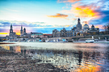 Amazing Sunset in Dresden on Elbe river with  Cathedral of the Holy Trinity and Bruehl's Terrace.
