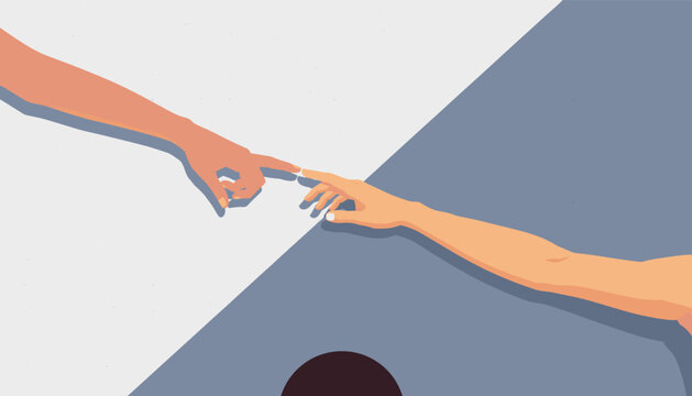 Two human hands with index fingers nearly touching in a famous artistic pose, a modern flat vector illustration on a geometric background with a diagonal split