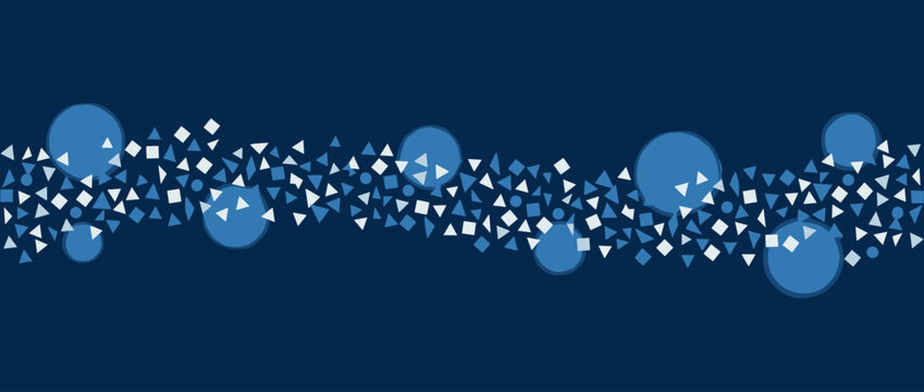 Abstract blue geometric border with hand-drawn circles and triangles in a scattered pattern on a dark navy background, creating a modern and artistic horizontal composition