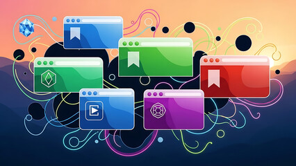 A colorful illustration of multiple browser windows with various icons and symbols on a vibrant background