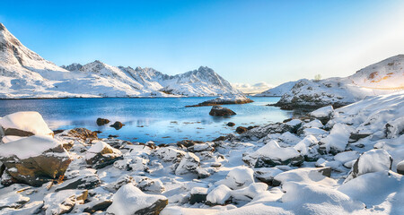 Sundstraumen strait that separates Moskenesoya and Flakstadoya islands.