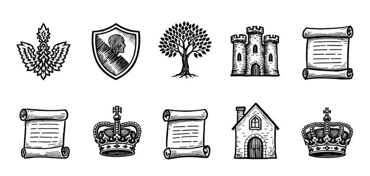 Set of hand-drawn medieval heraldic symbols including a castle, crown, shield, scroll, and tree, illustrated in a black and white vintage woodcut style