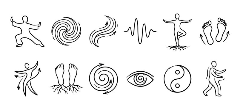 Collection of hand-drawn spiritual icons representing yoga, tai chi, energy flow, and balance concepts in a minimalist black and white line art style for wellness and health themes
