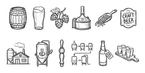 Craft beer brewing process icon set featuring hand-drawn sketch illustrations of a brewery, barrel, hops, malt, glass, and fermentation equipment in a vintage doodle style