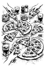 Hand Drawn Black and White Pizza Meal Illustration with Plates and Dishes Top View
