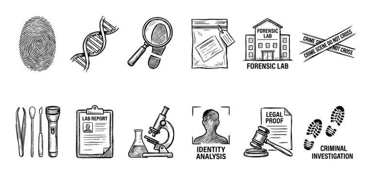 Hand-drawn forensic science and criminal investigation icons set featuring a fingerprint, DNA helix, microscope, evidence bag, and legal proof symbols in a black and white sketch style