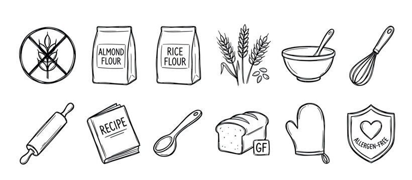 Set of black and white gluten-free baking icons featuring almond and rice flour, a loaf of bread, kitchen tools, and various allergen-free symbols in a hand-drawn sketch style - Powered by Adobe