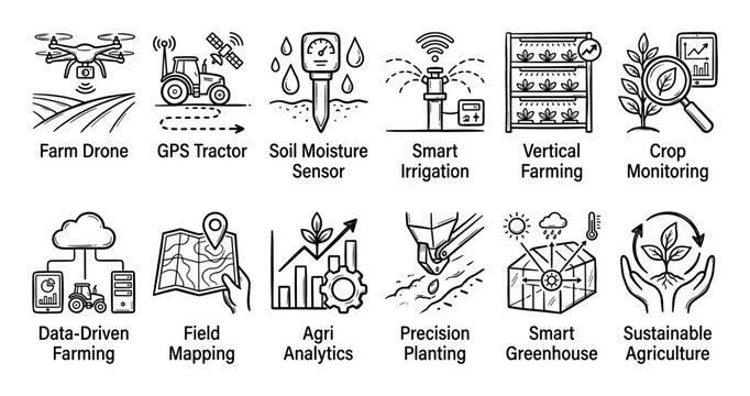 Set of smart agriculture icons in a hand-drawn doodle style, illustrating agritech concepts like farm drones, GPS tractors, vertical farming, and sustainable innovation