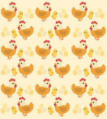 Cute Chicken, Chick and Egg Seamless Vector Pattern on Beige Background, Kawaii Farm Animals Illustration for Kids, Nursery Decor, Textile and Wallpaper Design
