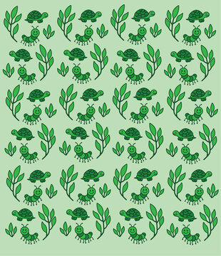 Cute Turtle Seamless Vector Pattern on Light Green Background, Kawaii Forest Animal Illustration for Kids, Nursery Decor, Textile and Wallpaper Design