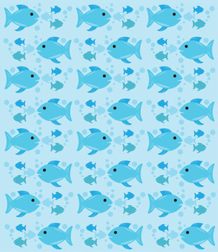 Cute Fish Seamless Vector Pattern on Light Blue Background, Kawaii Ocean Animal Illustration for Kids, Nursery Decor, Textile and Wallpaper Design