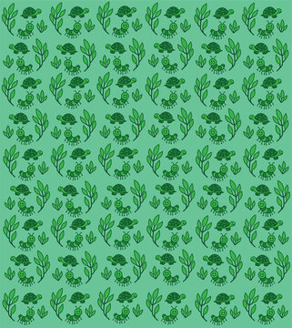 Cute Turtle and Caterpillar Seamless Vector Pattern on Green Background, Kawaii Forest Animals Illustration for Kids, Nursery Decor, Textile and Wallpaper Design