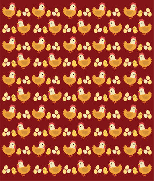 Cute Chicken, Chick and Egg Seamless Vector Pattern on Dark Red Background, Kawaii Farm Animal Illustration for Kids, Nursery Decor, Textile and Wallpaper Design