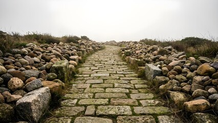 Stone Road Leading into the Distance Surrounded by Rocks on a Misty Day