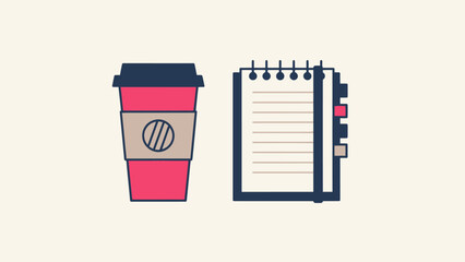 Coffee cup and notepad icon set, flat design, business and work concept