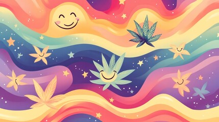 A vibrant abstract landscape featuring smiling faces, stars, and plants in a wavy colorful environment viewed from above