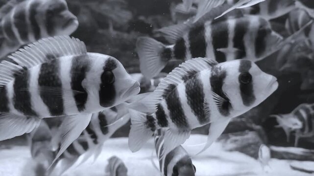 Beautiful zebra fish with black and white stripes swimming underwater. Peaceful aquarium scene, exotic tropical fish, marine life and underwater nature harmony.