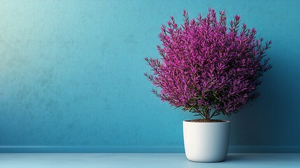 Minimal Scene Featuring a Purple Plant In Front of Pastel Blue Walls With Trendy Soft Lighting Showcasing Modern Visual Composition for Product Branding