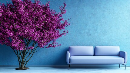Minimal Scene Featuring a Purple Plant In Front of Pastel Blue Walls With Trendy Soft Lighting Showcasing Modern Visual Composition for Product Branding