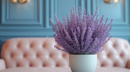 Minimal Scene Featuring a Purple Plant In Front of Pastel Blue Walls With Trendy Soft Lighting Showcasing Modern Visual Composition for Product Branding